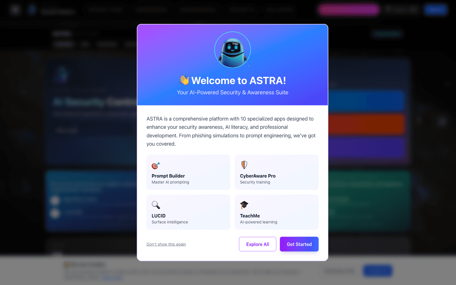 Astra's welcome screen introducing its AI security modules — Prompt Builder, Cybershare Pro, LUCID and TeachMe