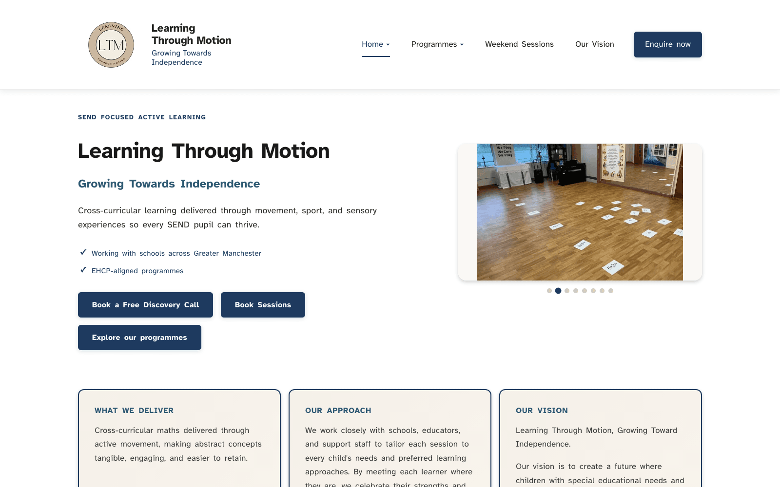 Learning Through Motion homepage — "Growing Towards Independence" with programme booking calls to action