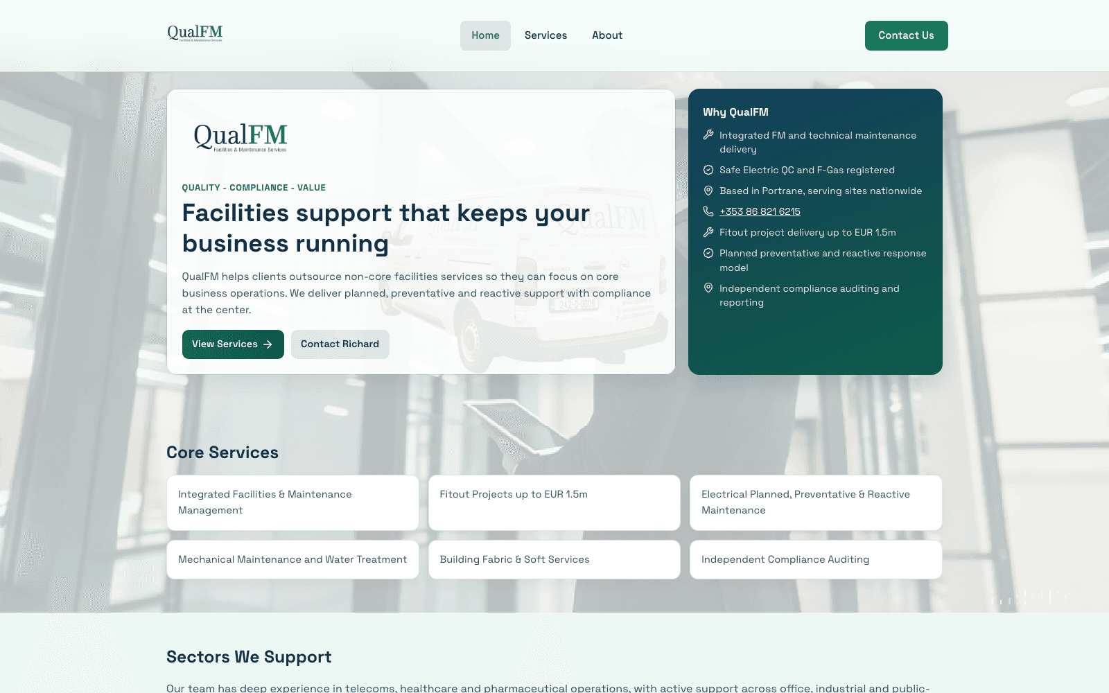qualfm.ie homepage — "Facilities support that keeps your business running" with core services grid