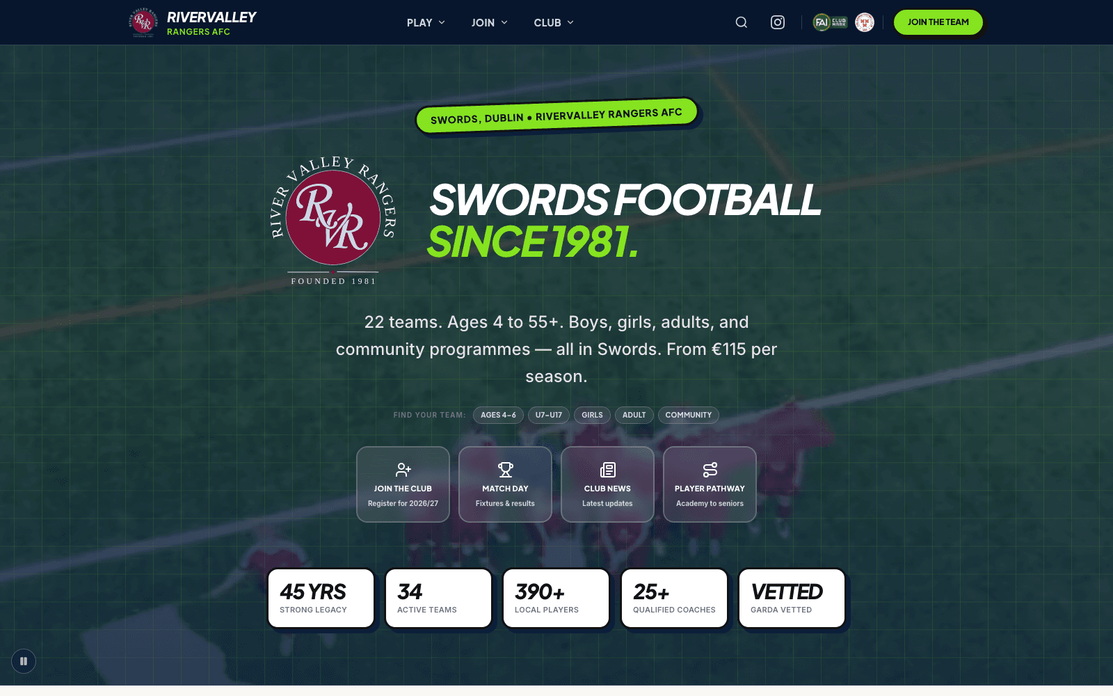 rivervalleyrangers.ie homepage — "Swords football since 1981", club stats and join links over a pitch photo