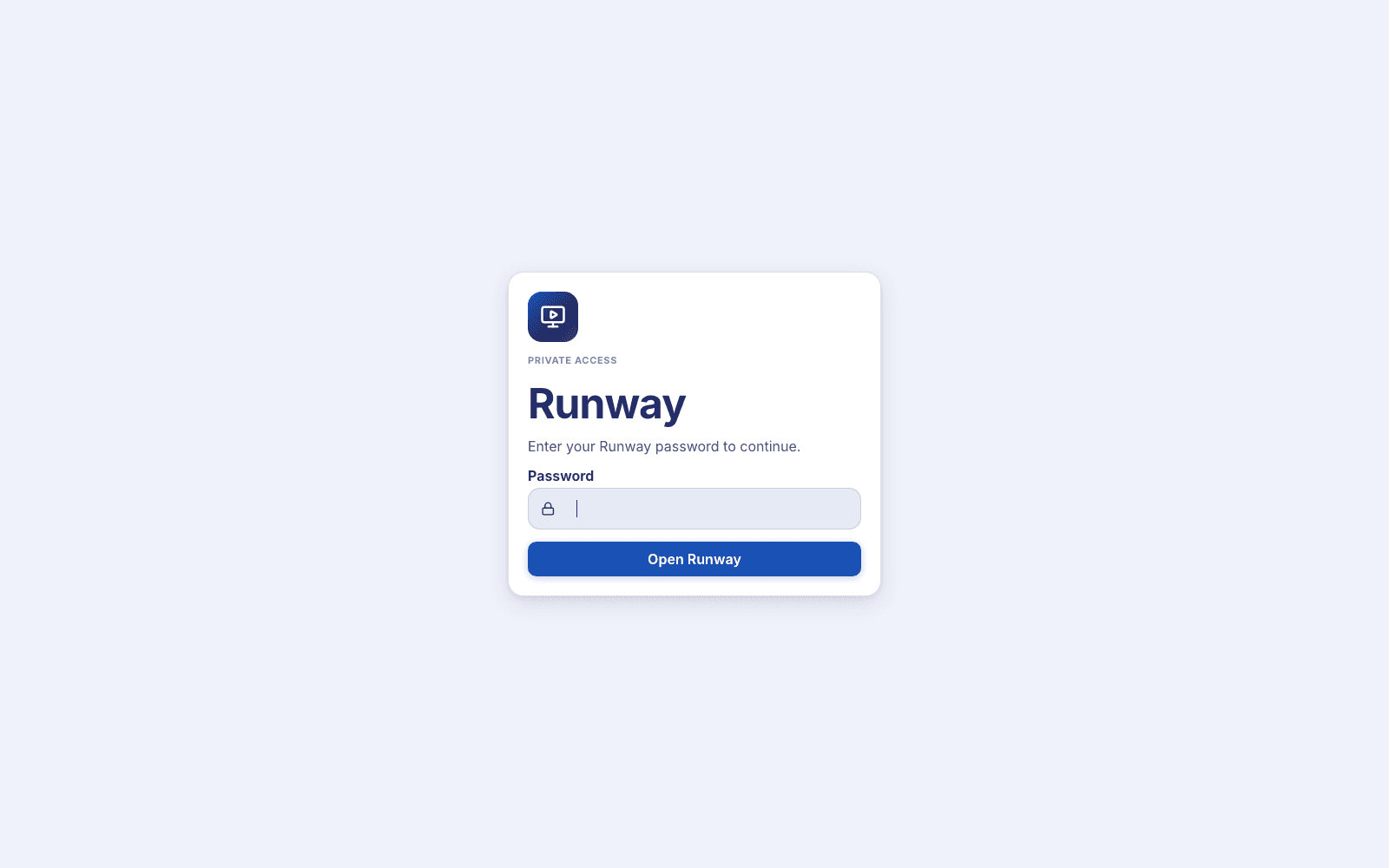 Runway's private-access login screen with the app icon and password entry